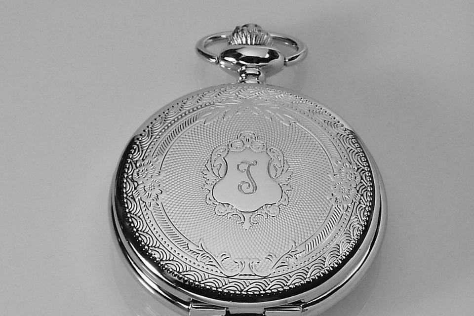 Engraved Pocket Watch Silver Crest Cover Personalized Quartz Battery Operated  - Hand Engraved