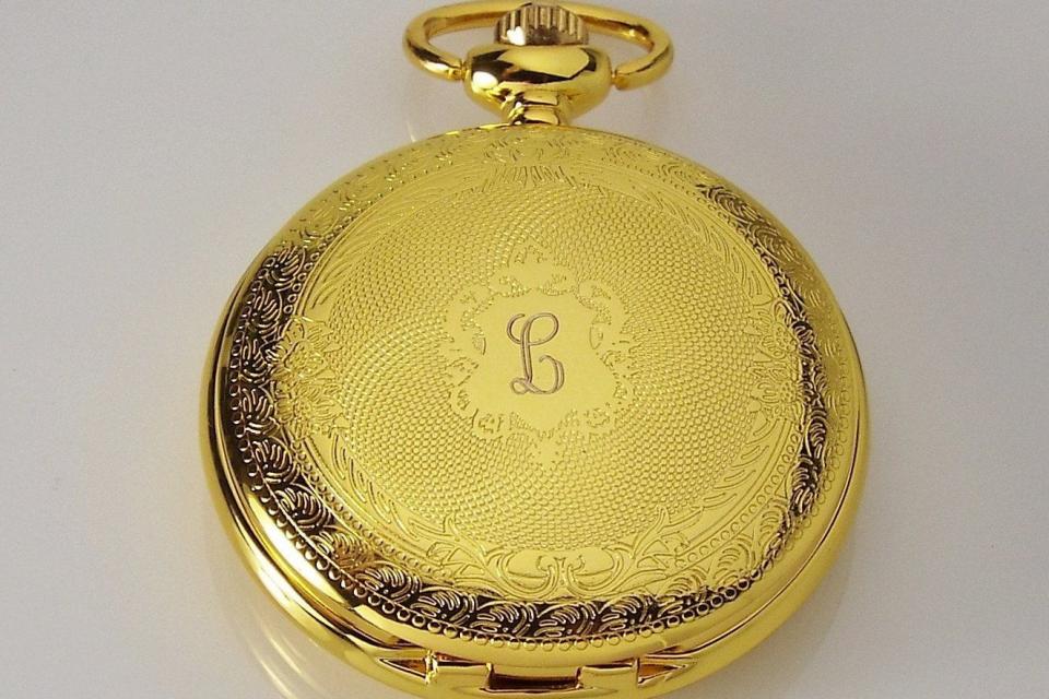 Pocket Watch Custom Engraved Gold Tone Mechanical Wind Up Pocket Watch with Front Shield and Skeleton Back - Hand Engraved