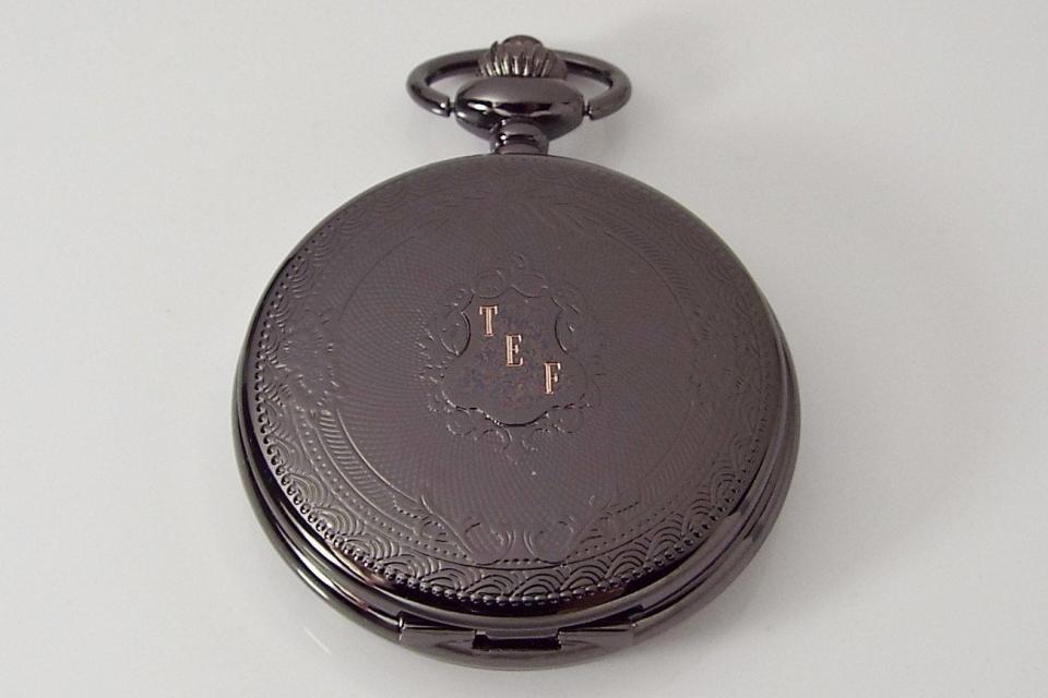 Pocket Watch Custom Engraved Black Mechanical Wind Up Pocket Watch with Front Shield and Skeleton Back - Hand Engraved