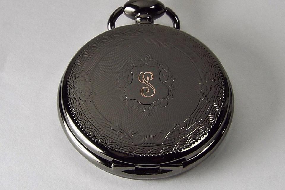Pocket Watch Custom Engraved Black Mechanical Wind Up Pocket Watch with Front Shield and Skeleton Back - Hand Engraved
