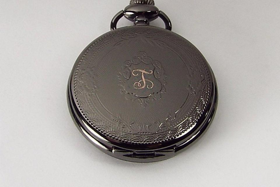 Pocket Watch Custom Engraved Black Mechanical Wind Up Pocket Watch with Front Shield and Skeleton Back - Hand Engraved