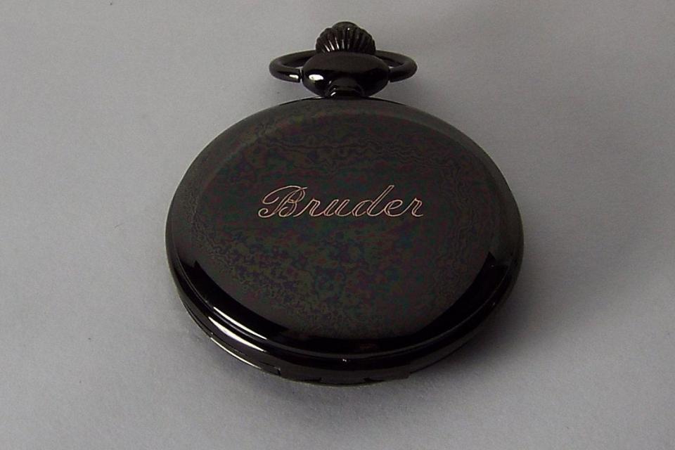 Pocket Watch Custom Engraved Personalized Gloss Black Mechanical Wind Up Watch with Skeleton Dial - Hand Engraved