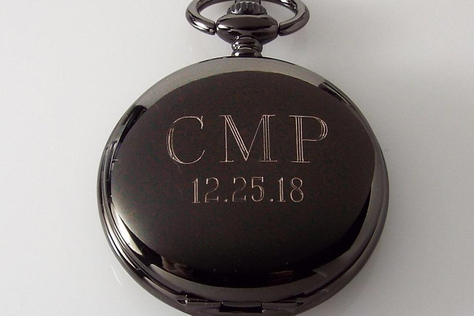 Pocket Watch Custom Engraved Personalized Gloss Black Mechanical Wind Up Watch with Skeleton Dial - Hand Engraved