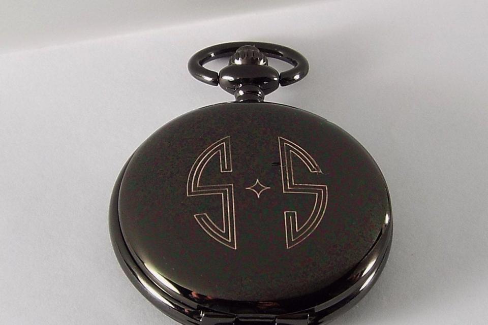 Pocket Watch Custom Engraved Personalized Gloss Black Mechanical Wind Up Watch with Skeleton Dial - Hand Engraved