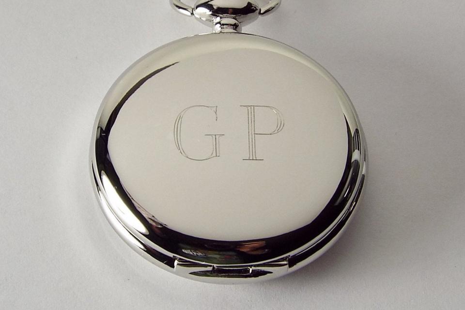 Custom Engraved Personalized Silvertone Quartz Pocket Watch Battery Operated White Dial Roman Numerals - Hand Engraved
