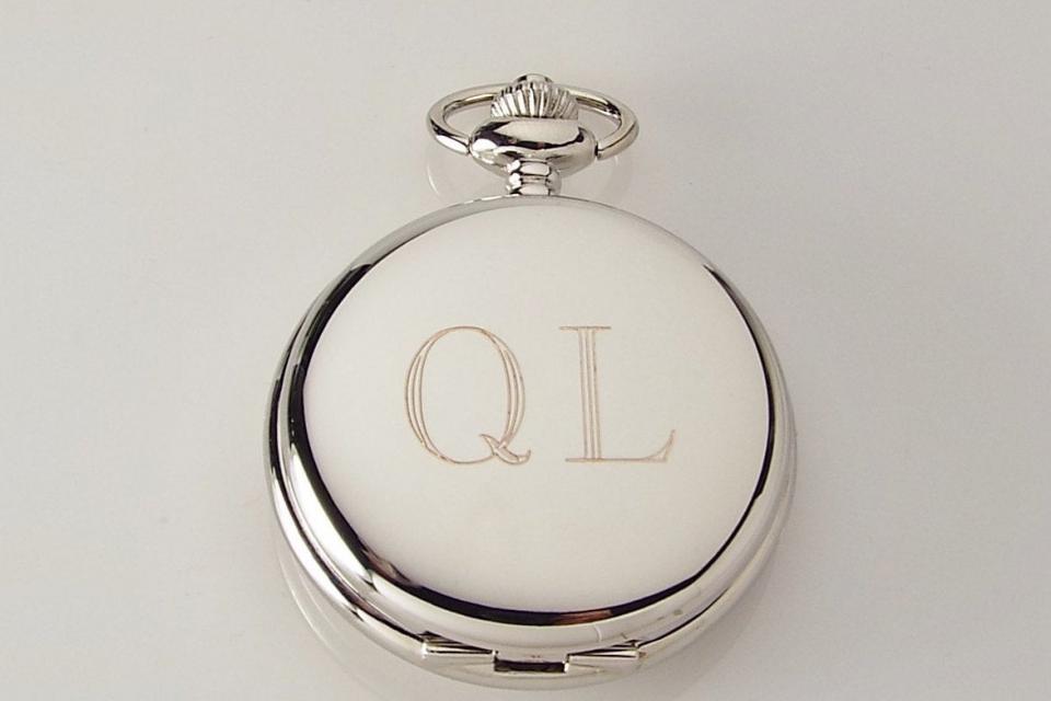 Custom Engraved Personalized Silvertone Quartz Pocket Watch Battery Operated White Dial Roman Numerals - Hand Engraved