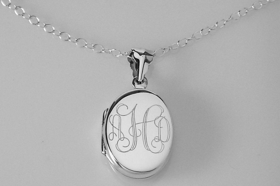 Personalized Oval Locket Custom Engraved Sterling Silver 7/8 Inch on 18 Sterling Silver Cable Chain - Hand Engraved