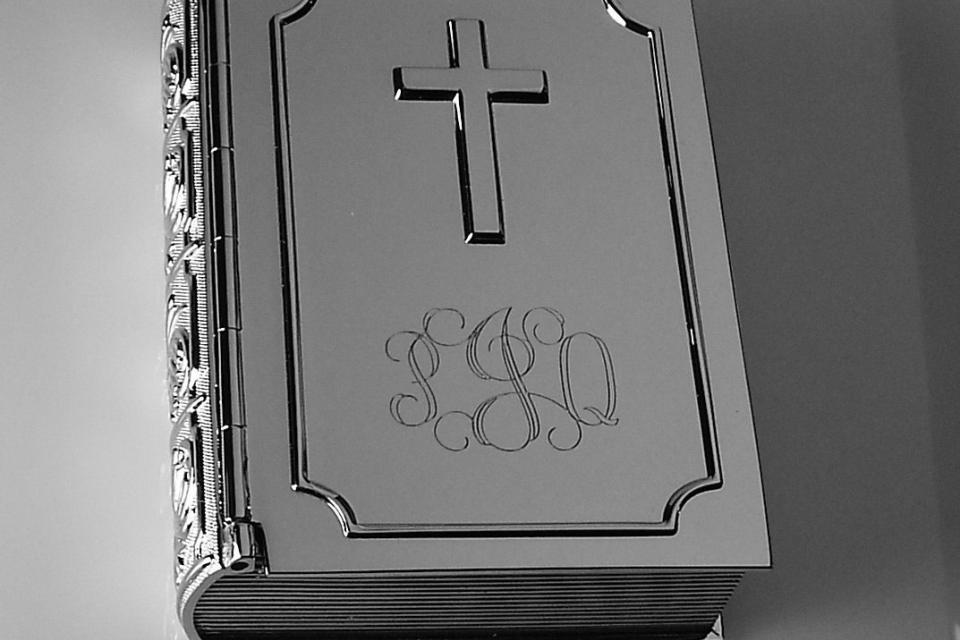 Personalized Jewelry Box Custom Engraved Silver Nickel Plated Book Trinket Box with Cross- Hand Engraved