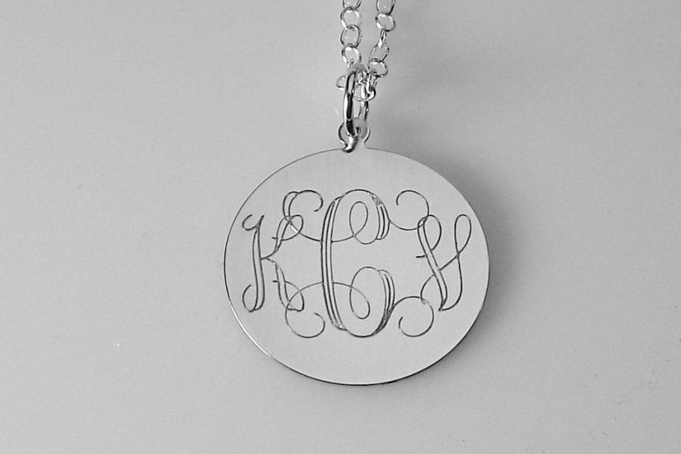 Monogram Jewelry Personalized Custom Engraved Sterling Silver 1 Inch Round Monogram Necklace - Hand Engraved