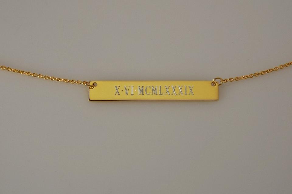 Personalized Thin Bar 14K Gold Plated Sterling Silver Name Necklace Custom Engraved  - Hand Engraved