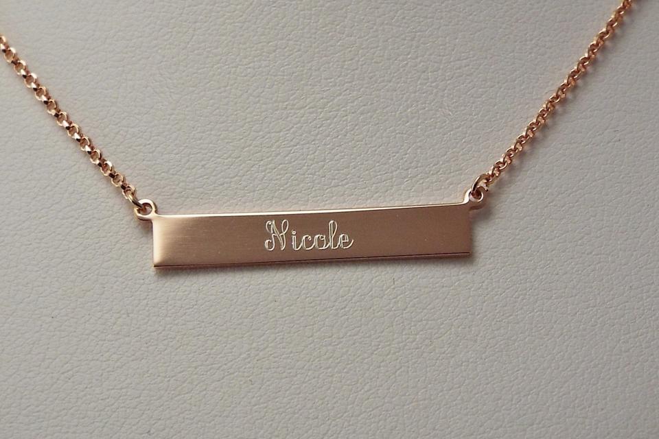 Personalized Thin Bar Rose Gold Plated Sterling Silver Name Necklace Custom Engraved  - Hand Engraved