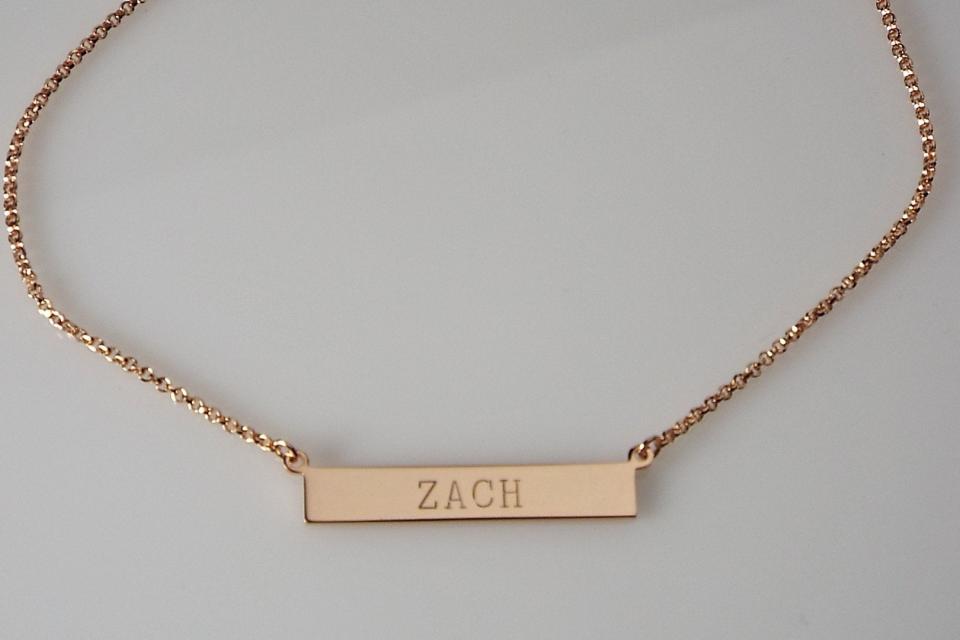 Personalized Thin Bar Rose Gold Plated Sterling Silver Name Necklace Custom Engraved - Hand Engraved