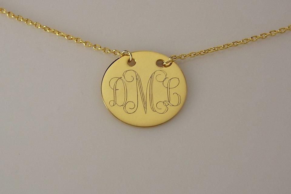 Monogram Necklace 14K Yellow Gold Plated Custom Engraved Personalized 7/8 Inch Round Disc with Adjustable Length Chain - Hand Engraved