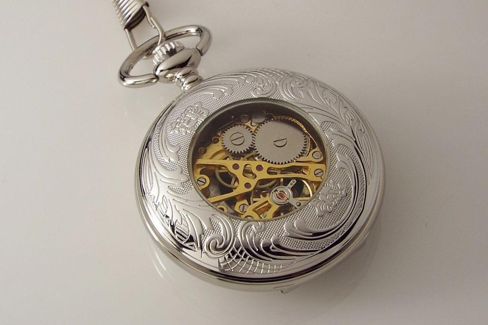 Pocket Watch Custom Engraved Mechanical Wind Up Pocket Watch with Front Shield and Skeleton Back and Dial - Hand Engraved