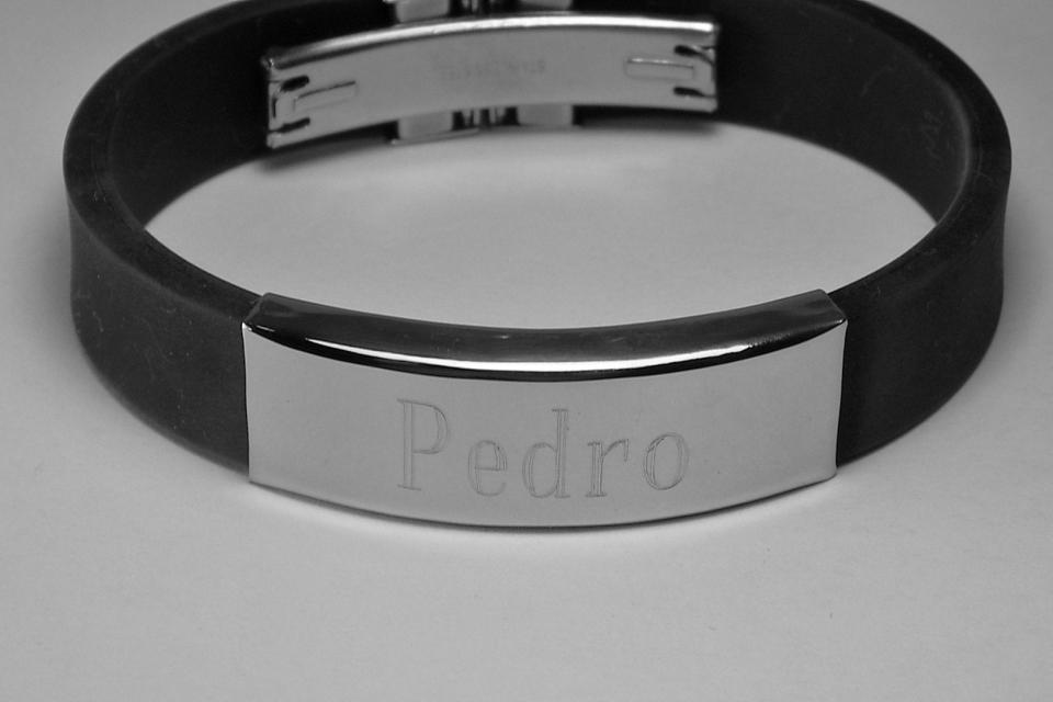 Personalized Jewelry Custom Engraved Black Silicone Rubber and Stainless Steel ID Bracelet 8 Inch - Hand Engraved