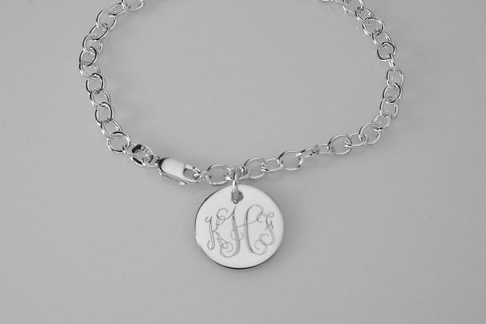 Custom Engraved Monogram or Initial Bracelet Personalized Sterling Silver Petite Round Disc 7 Inch Length - Hand Engraved