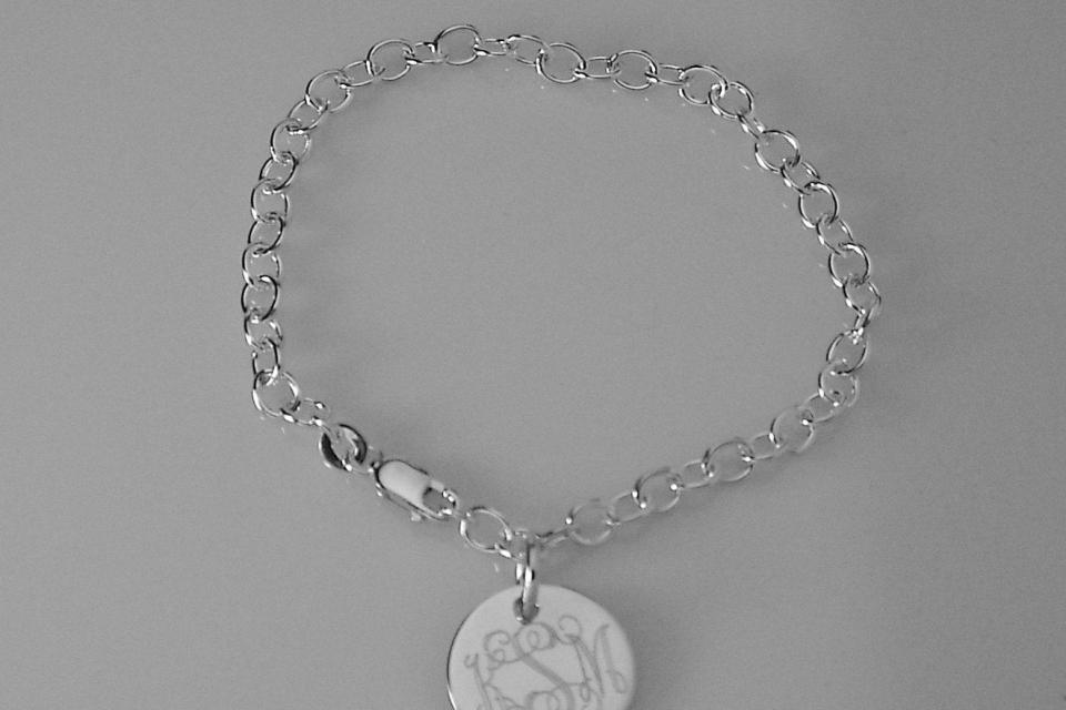 Custom Engraved Monogram or Initial Bracelet Personalized Sterling Silver Petite Round Disc 7 Inch Length - Hand Engraved