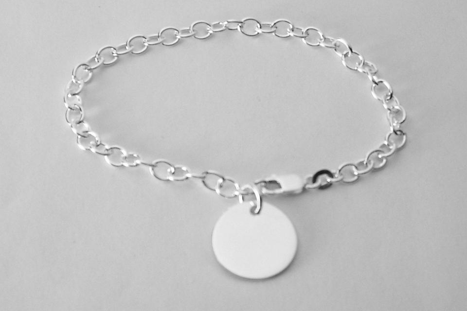 Custom Engraved Monogram or Initial Bracelet Personalized Sterling Silver Petite Round Disc 7 Inch Length - Hand Engraved