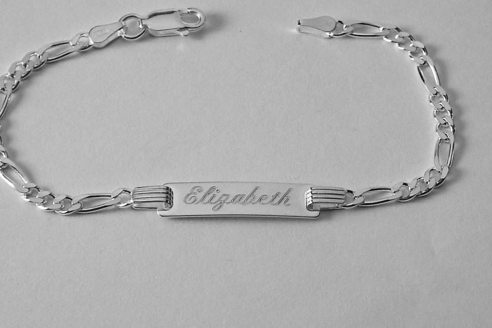 Custom Engraved Sterling Silver Childs ID Bracelet with Figaro Style Chain 5.5 Inch Length - Hand Engraved