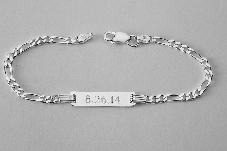 Custom Engraved Sterling Silver Childs ID Bracelet with Figaro Style Chain 6 Inch Length - Hand Engraved