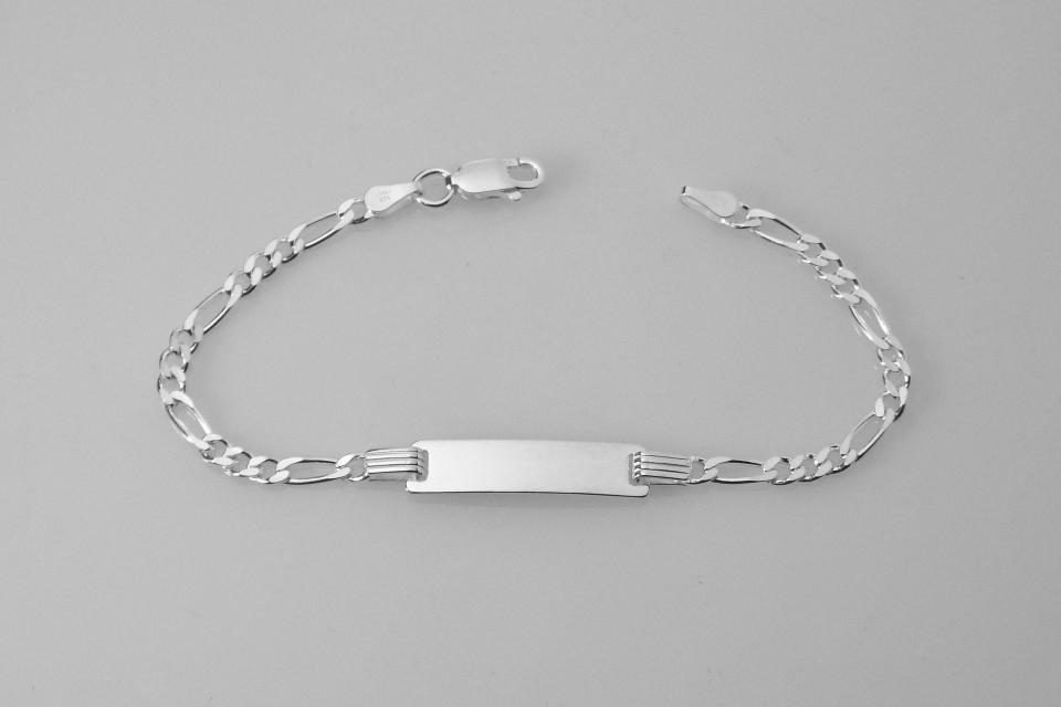 Custom Engraved Sterling Silver Childs ID Bracelet with Figaro Style Chain 6 Inch Length - Hand Engraved