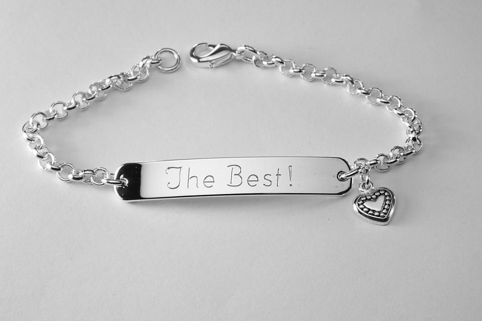 Custom Engraved Personalized Silver Plated ID Bracelet with Heart Charm - Hand Engraved