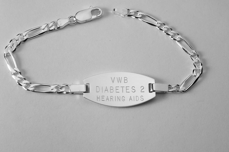 Custom Engraved Personalized Sterling Silver Medic Alert Bracelet 7 Inch Length- Hand Engraved