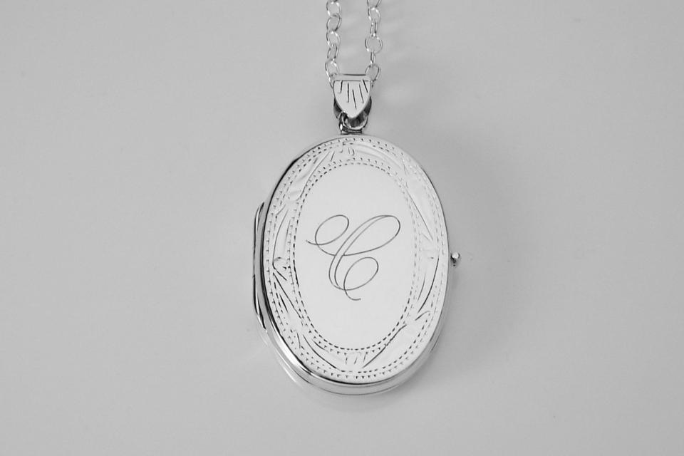 Custom Engraved Locket Personalized Sterling Silver Large Oval Locket 1.25 Inch - Hand Engraved