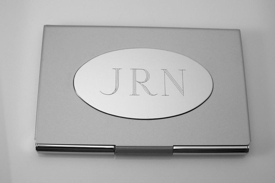 Custom Engraved Personalized Business Card Holder with Oval Engraving Plate  -Hand Engraved