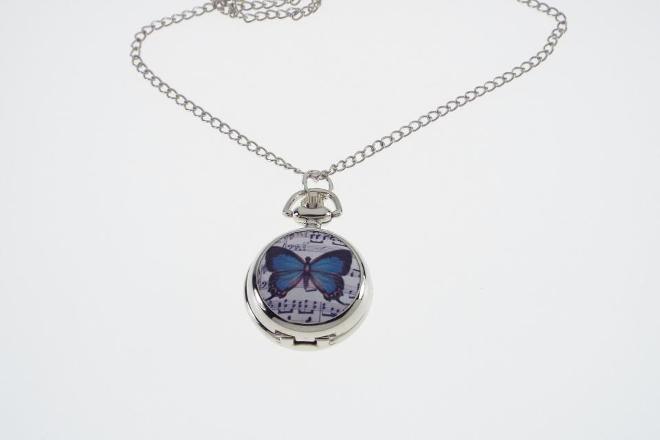 Personalized Pendant Watch Blue Butterfly with Music Design Custom Engraved Necklace Watch - Hand Engraved