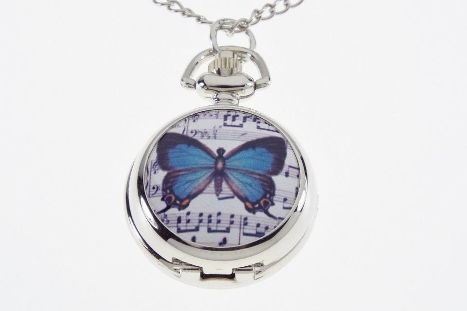 Personalized Pendant Watch Blue Butterfly with Music Design Custom Engraved Necklace Watch  - Hand Engraved