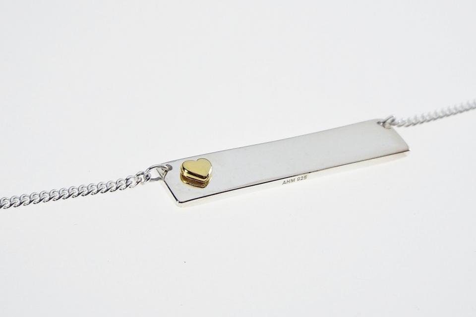Personalized Heavy Bar Name Necklace Custom Engraved Sterling Silver with Gold Plated Heart Accent  - Hand Engraved