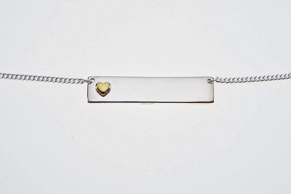 Personalized Heavy Bar Name Necklace Custom Engraved Sterling Silver with Gold Plated Heart Accent  - Hand Engraved