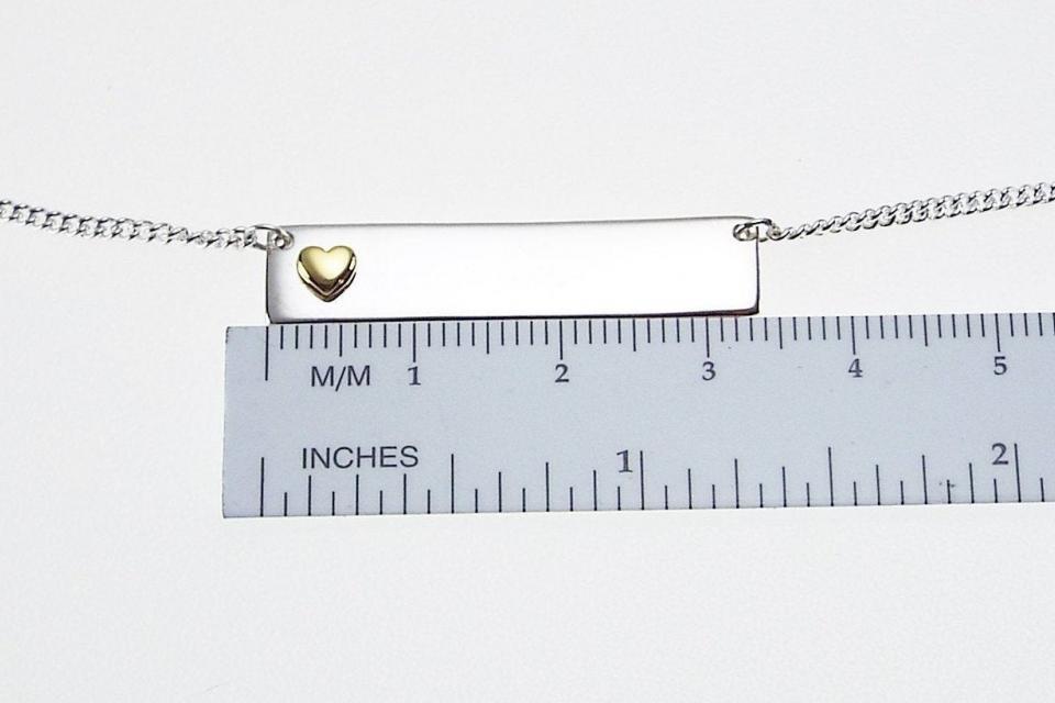 Personalized Heavy Bar Name Necklace Custom Engraved Sterling Silver with Gold Plated Heart Accent  - Hand Engraved