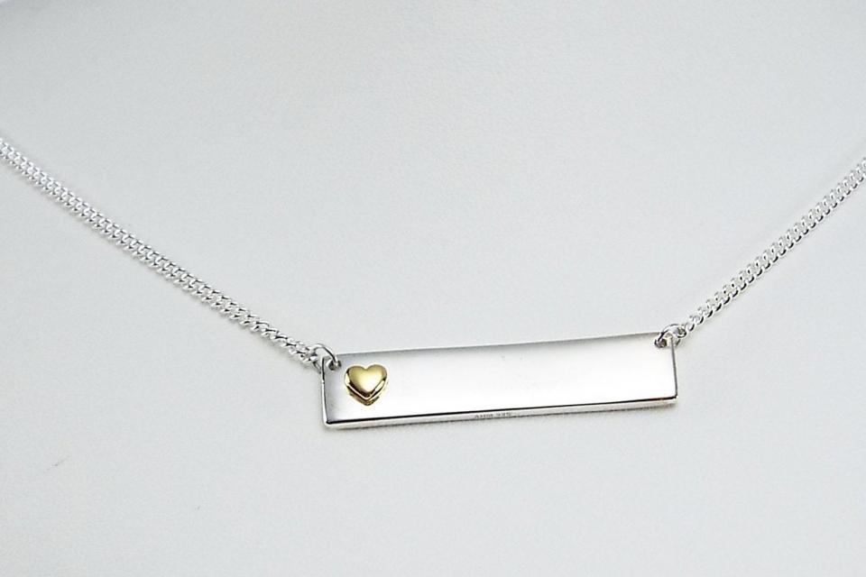 Personalized Heavy Bar Name Necklace Custom Engraved Sterling Silver with Gold Plated Heart Accent  - Hand Engraved