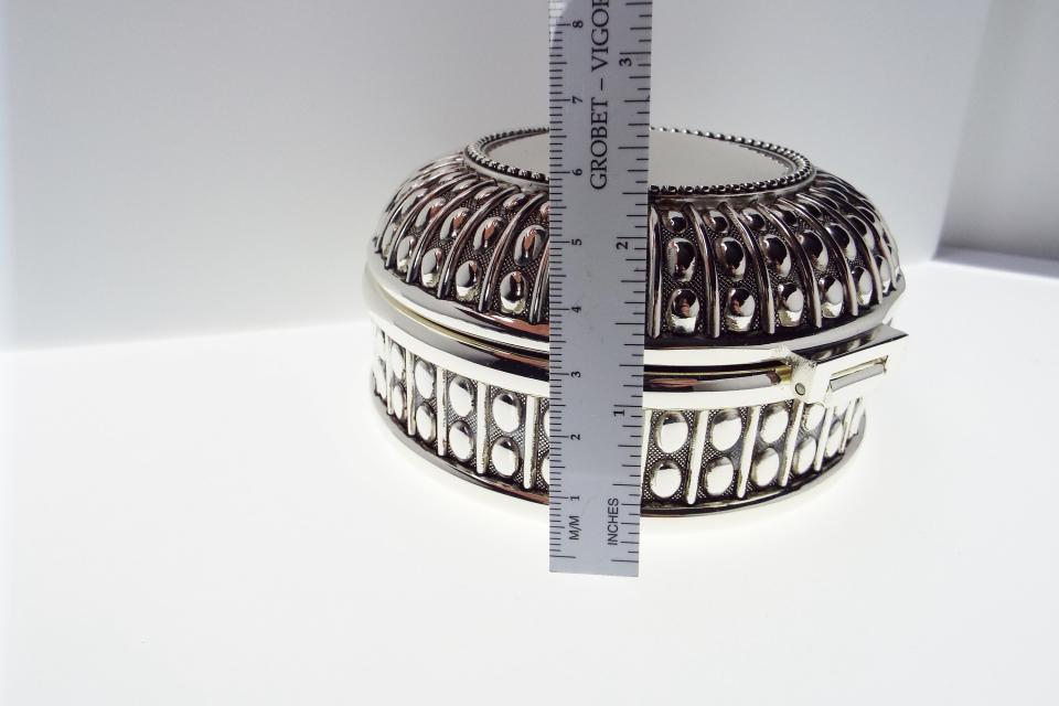 Personalized Large Round Antique Beaded Design Jewelry Box Silver Plated Custom Engraved - Hand Engraved