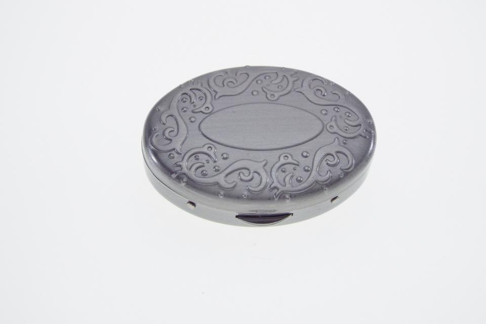 Custom Engraved Pill Box Personalized Silver Oval with Scroll Border Two Compartments and Inside Mirror -Hand Engraved