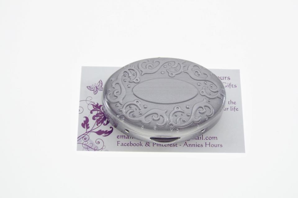 Custom Engraved Pill Box Personalized Silver Oval with Scroll Border Two Compartments and Inside Mirror -Hand Engraved