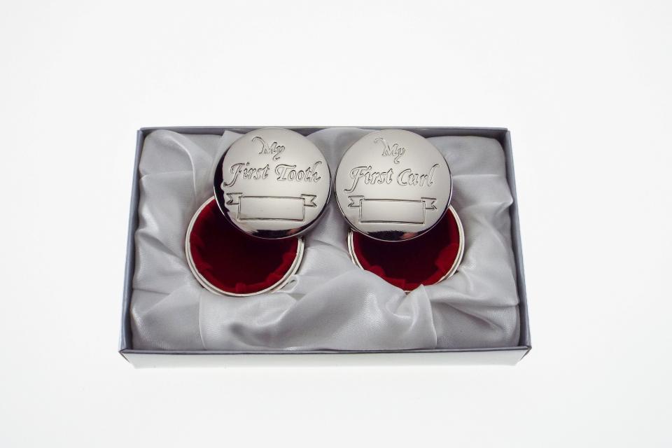 Personalized Baby Round Keepsake Boxes Custom Engraved First Curl and First Tooth - Hand Engraved