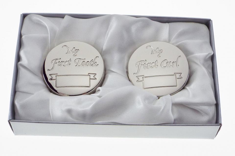 Personalized Baby Round Keepsake Boxes Custom Engraved First Curl and First Tooth - Hand Engraved