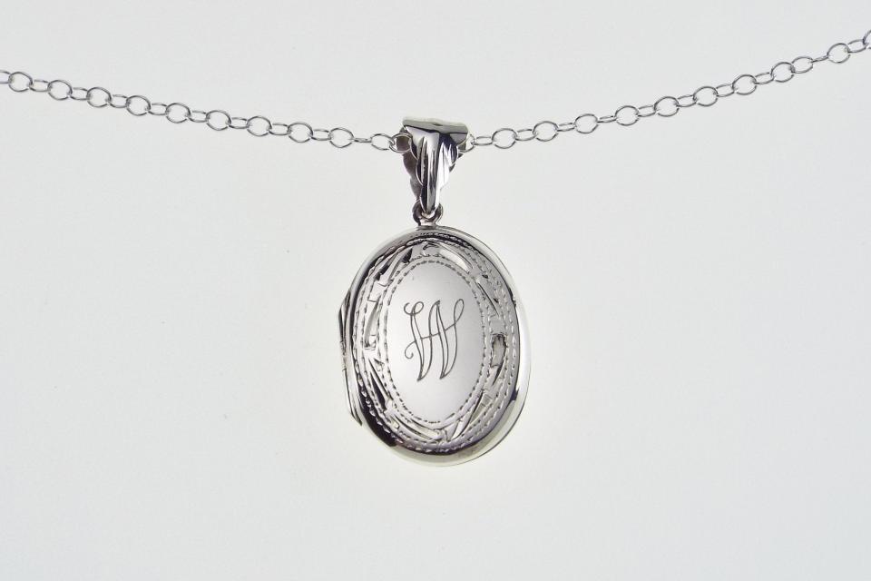 Personalized Locket Sterling Silver Custom Engraved Oval Locket 1 Inch with Border - Hand Engraved