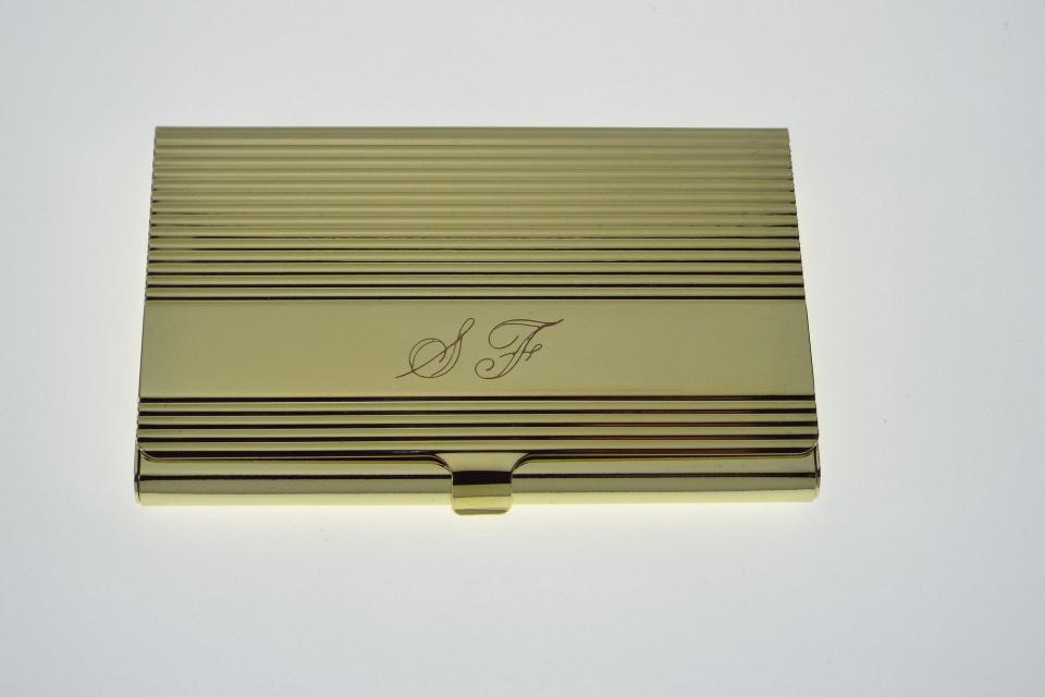 Custom Engraved Personalized Golden Business Card Case with Ribbed Design  -Hand Engraved