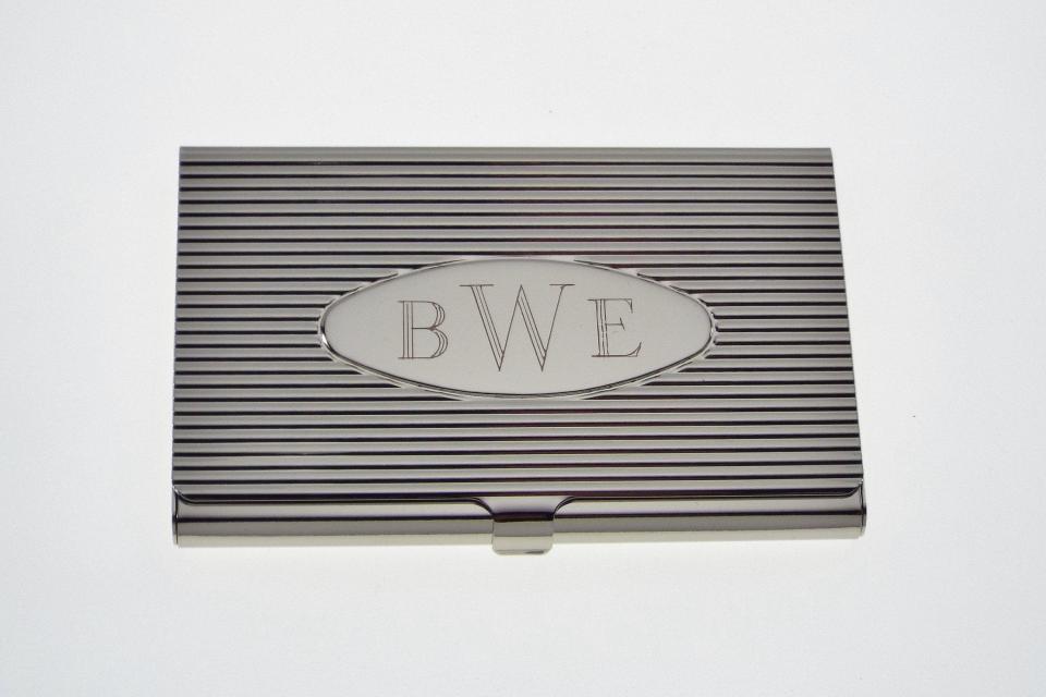 Custom Engraved Business Card Case Silver Ribbed Design with Personalized Oval Center  -Hand Engraved