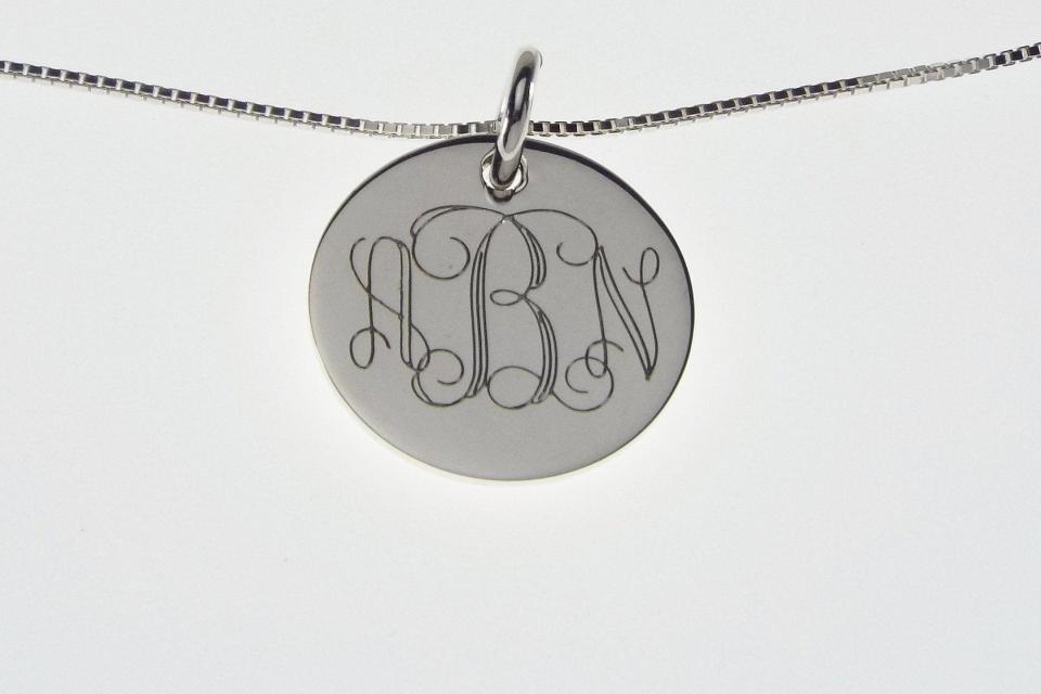 Monogram Necklace Custom Engraved Sterling Silver 1 Inch Round Personalized - Hand Engraved
