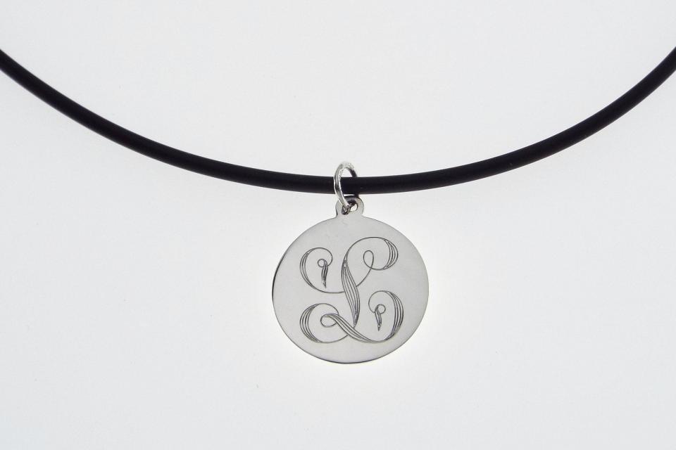 Personalized Jewelry Custom Engraved Sterling Silver Ornate Initial on Round Disc Necklace - Hand Engraved