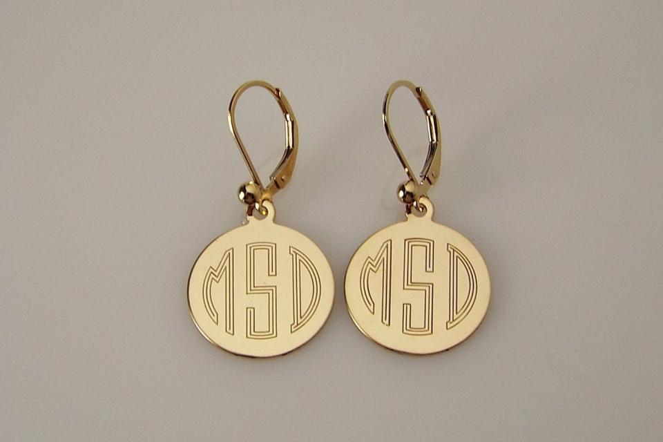 Monogram Earrings Personalized Gold Filled 3/4 Inch 18 mm Round Disc Choose Lever Back or Wires - Custom Engraved