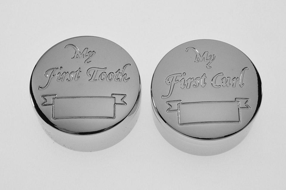 Personalized Baby Round Keepsake Boxes Custom Engraved First Curl and First Tooth -  Hand Engraved