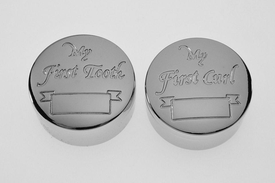 Personalized Baby Round Keepsake Boxes Custom Engraved First Curl and First Tooth - Hand Engraved