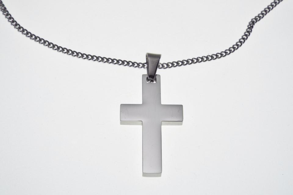 Personalized Custom Engraved Solid Stainless Steel Cross on Stainless Steel Curb Chain - Hand Engraved