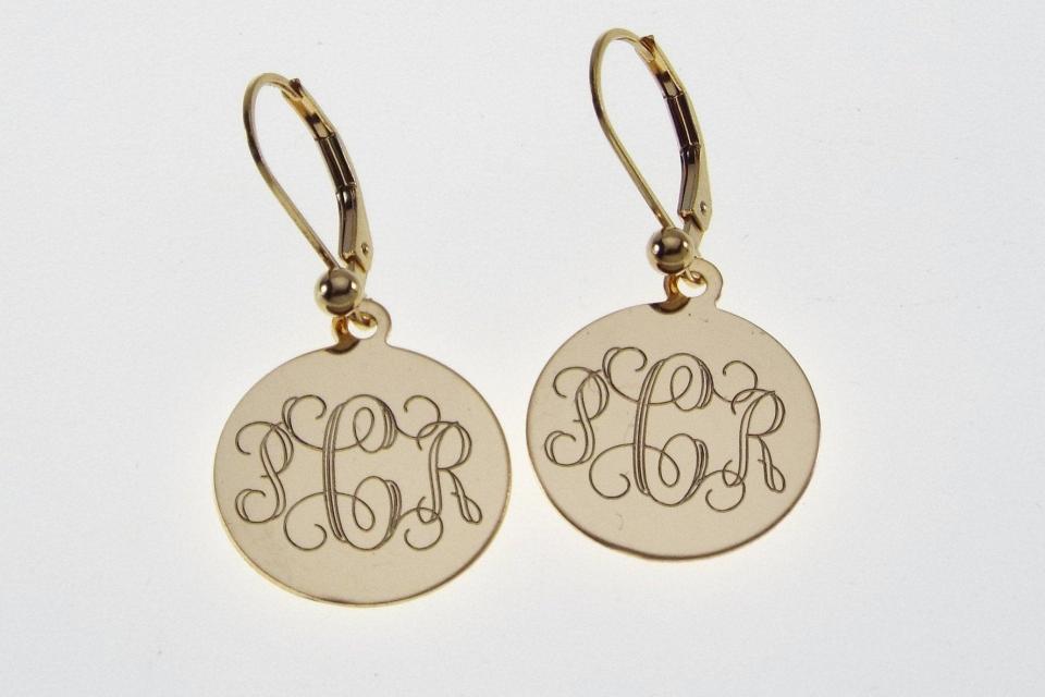 Monogram Earrings Personalized Gold Filled 3/4 Inch 18 mm Round Disc Choose Lever Back or Wires - Custom Engraved